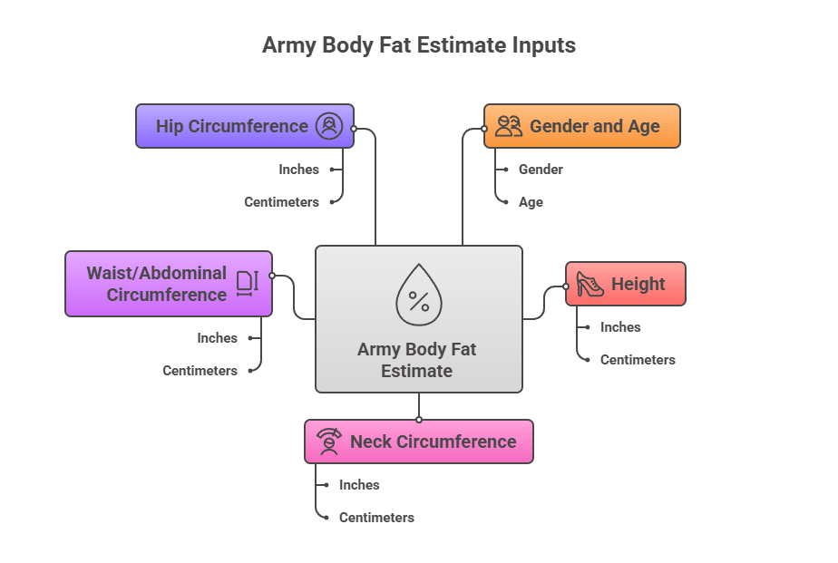 Diagram of required data for the Army Tape Test: Age, gender, height, and precise circumference measurements for the neck, waist, and hips (female only) used to estimate body fat percentage.