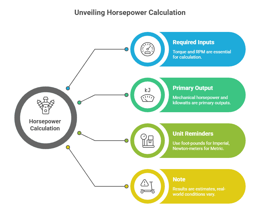 Infographic explaining how a horsepower calculator uses torque and RPM to determine mechanical horsepower and kilowatts.